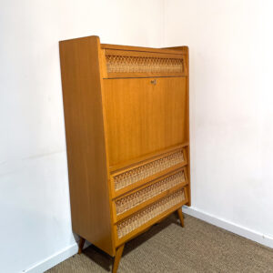 Buffet secrétaire vintage en bois et rotin