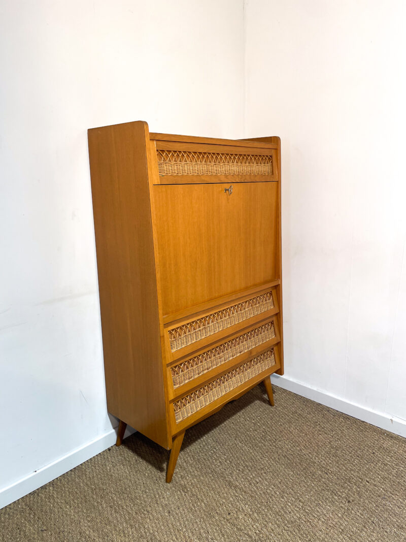 Buffet secrétaire vintage en bois et rotin