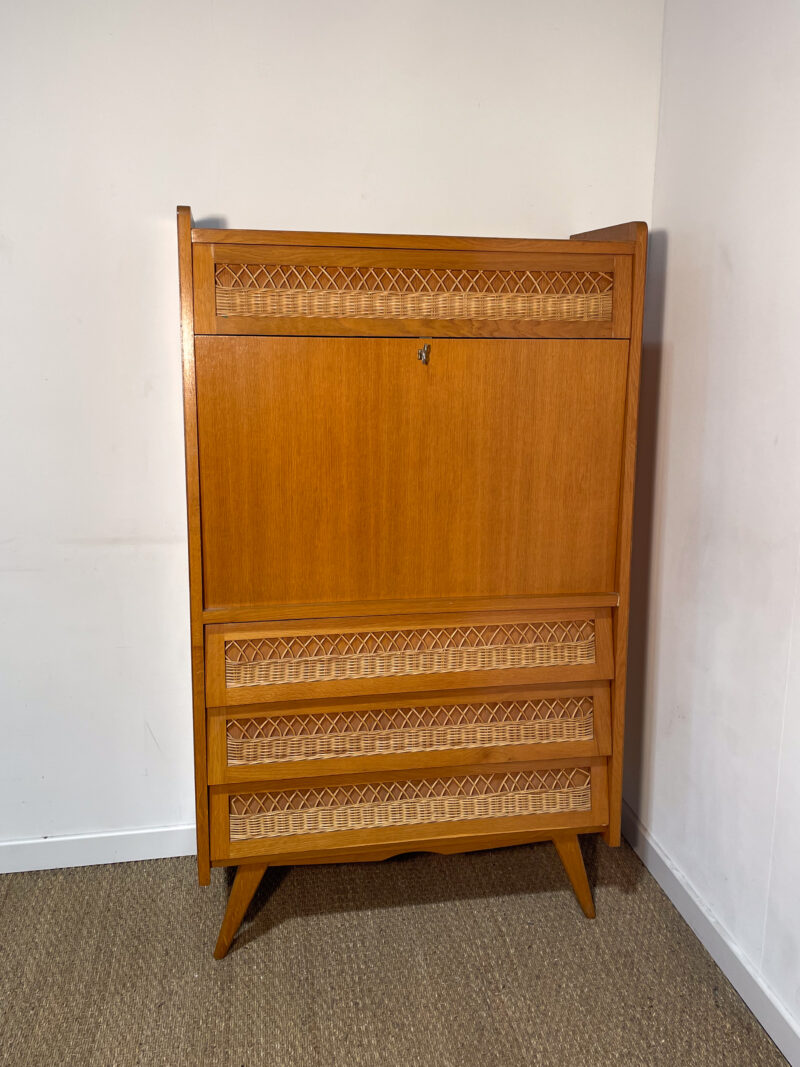 Buffet secrétaire vintage en bois et rotin – Image 2